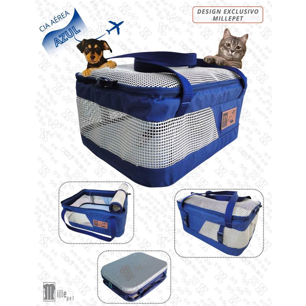 Bolsa Transporte e Cadeirinha Pet Cia Azul Cachorros e Gatos Avião e Carro Marinho Millepet