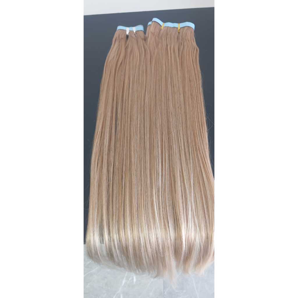 Aplique de Cabelo na Fita Adesiva Mega Hair Natural Fibra Russa Liso Loiro Perola 70cm Premium