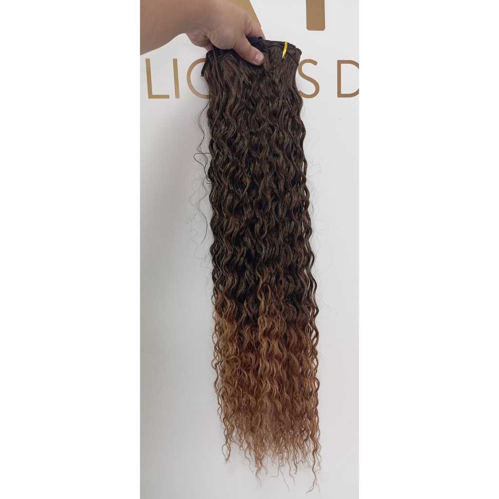 Aplique de Cabelo na Tela Mega Hair Natural Fibra Russa Cacheado Californiana Morena Iluminada 60cm Premium