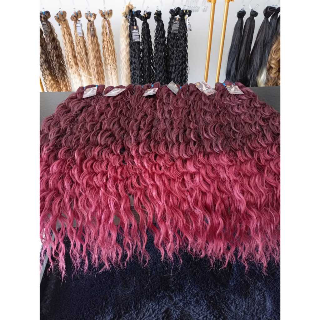 Aplique de Cabelo Fibra Russa Tela Semi Humano Natural 70cm Cacheado Marsala