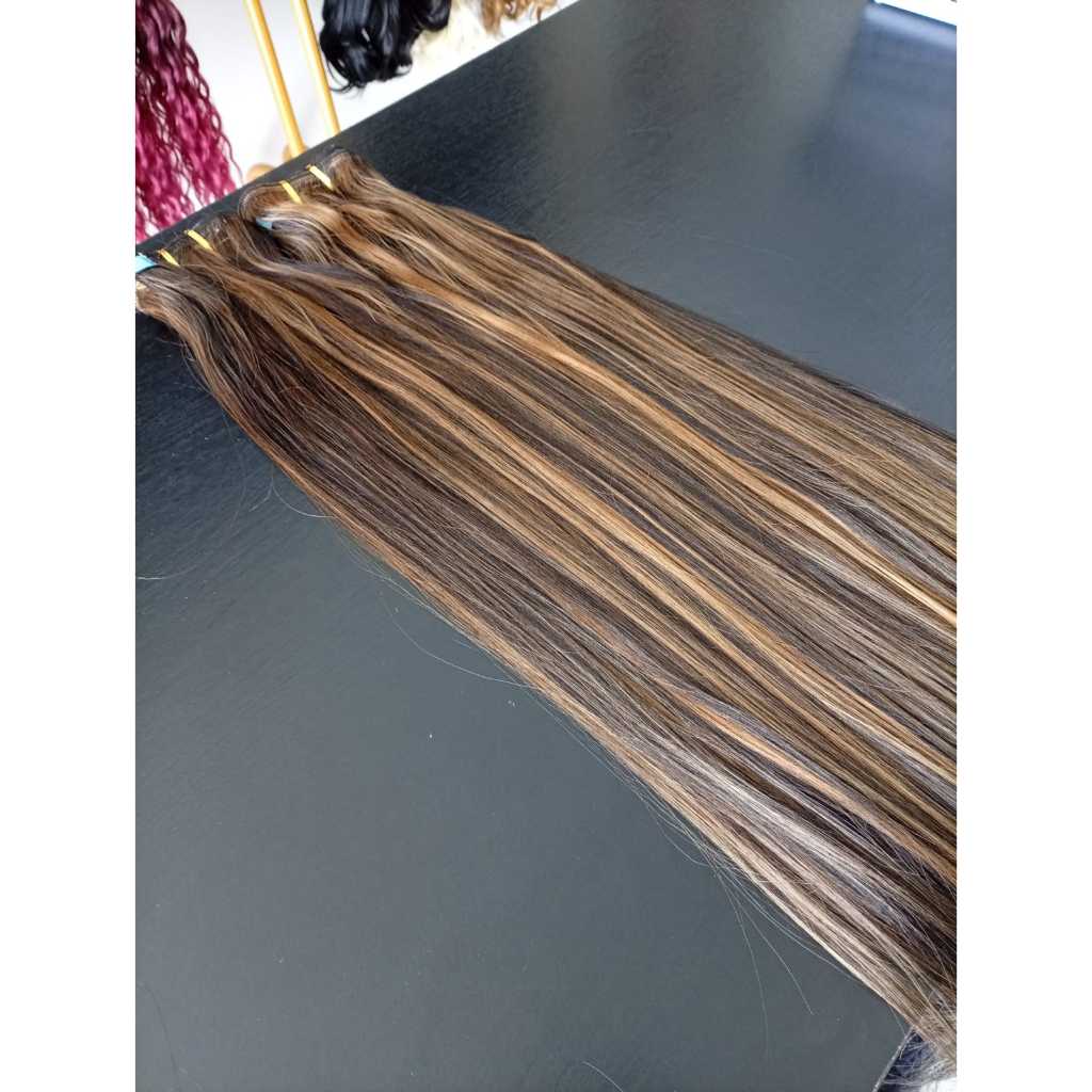 Aplique de Cabelo Fibra Russa Fita Adesiva Semi Humano Natural 50cm Liso Morena Iluminada