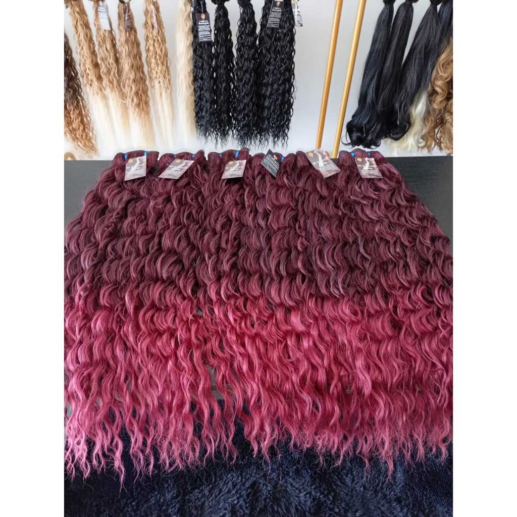 Aplique de Cabelo Fibra Russa Tela Semi Humano Natural 50cm Cacheado Marsala