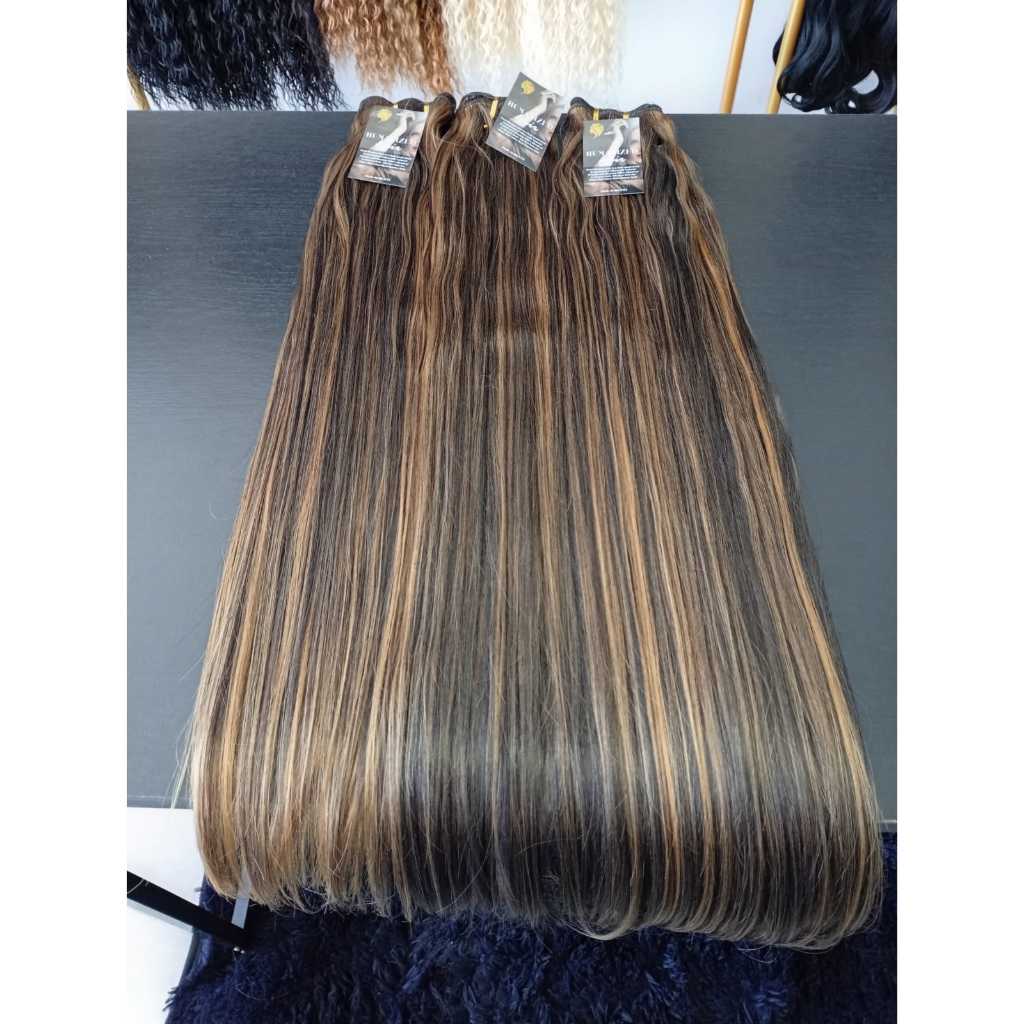 Aplique de Cabelo na Tela Mega Hair Natural Fibra Russa Liso Morena Iluminada 60cm Premium