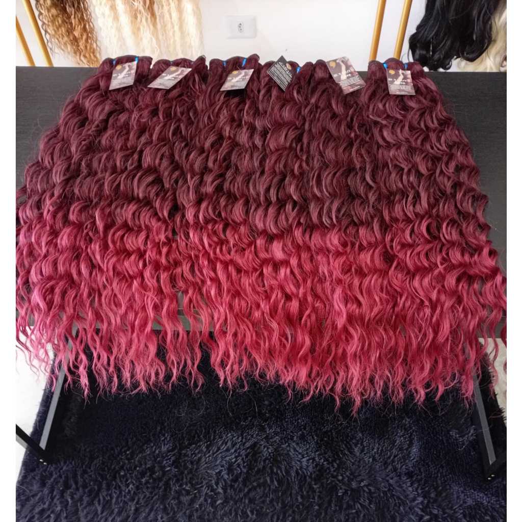 Aplique de Cabelo na Tela Mega Hair Natural Fibra Russa Cacheado Marsala 50cm Premium