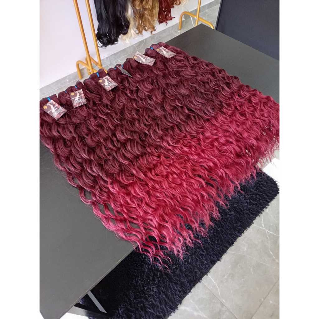 Cabelo para Mega Hair na Tela Humanizado Cacheado 60cm Marsala Natural Fibra Russa