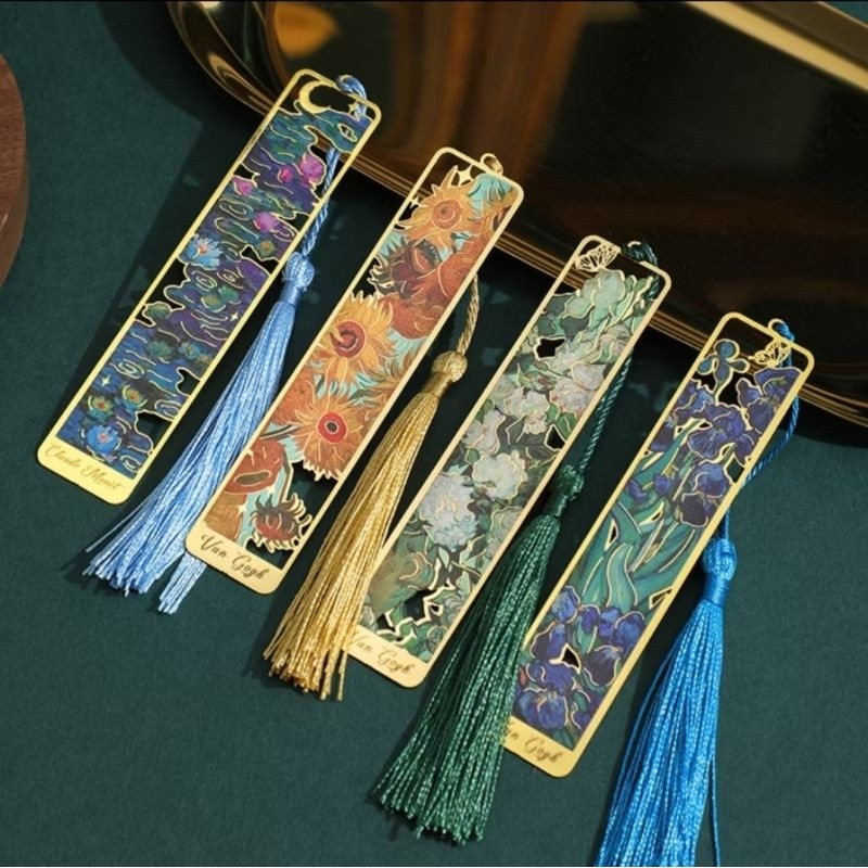 Marcador de Páginas em Metal Vintage – Arte Van Gogh e Monet com Tassel Elegante para Leitura