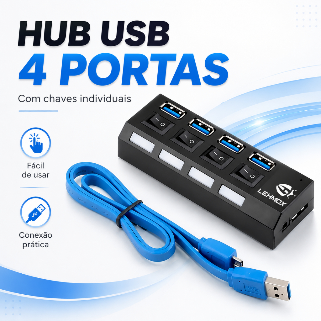 Hub 4 Portas USB 3.0 Super Rápido Transferência 480Mbps Compatível 1TB