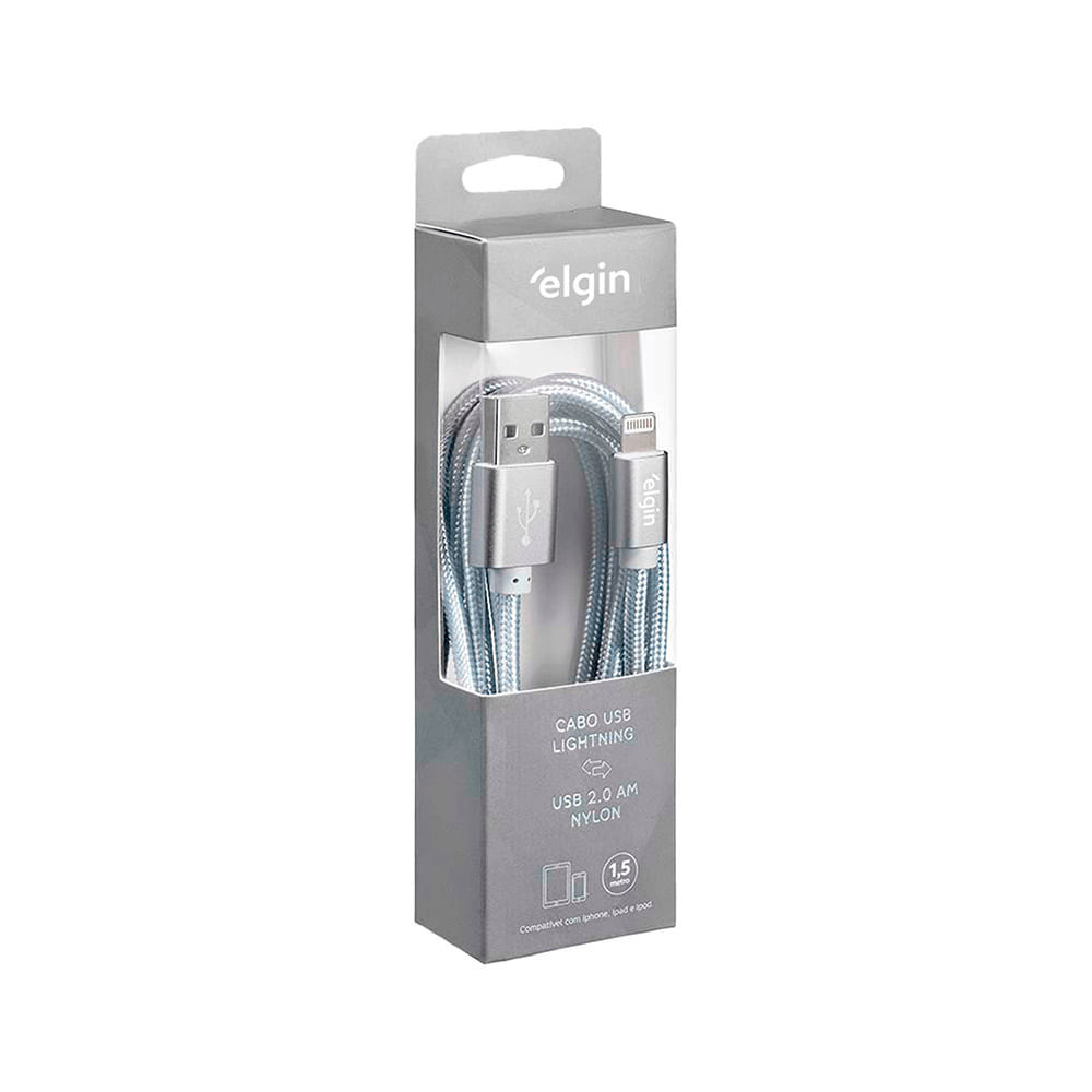 Cabo USB 2.0 Lightning Nylon Cinza - 1,5M 480Mbps Compatível com Aparelhos Apple