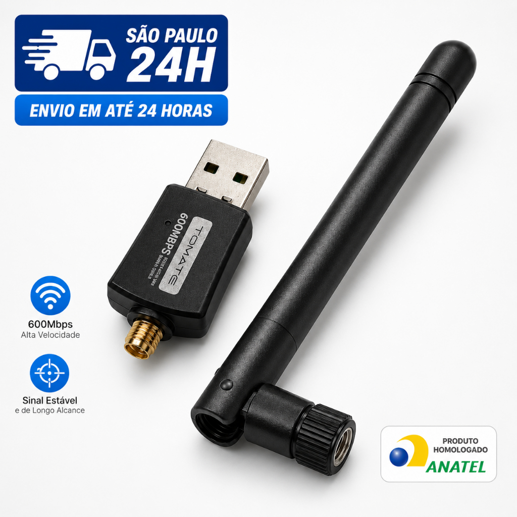 Adaptador Wireless USB WiFi 600Mbps com Antena Externa Alto Ganho Compatível Windows PC Notebook