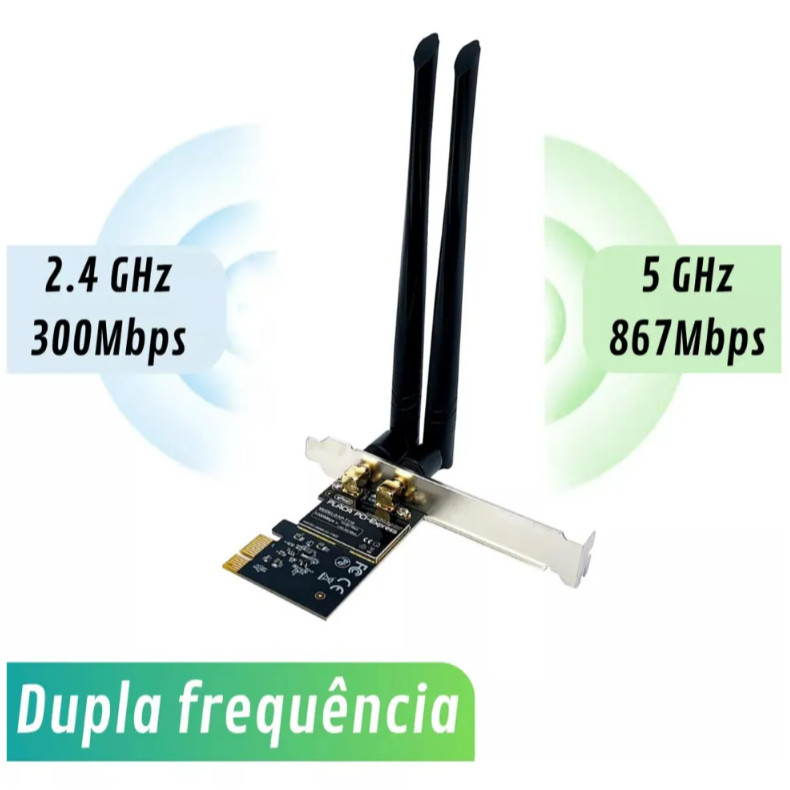 Placa Rede Wi-fi Dual Band 2.4/5.2G PCI-E 1200Mbps, Compatível Desktop PC, Win 7 ou Superiores KNUP