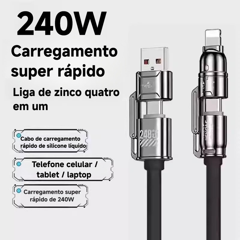 Cabo 4 em 1 240W Super Rápido PD, USB‑A Type‑C Lightning, 480Mbps Compatível iPhone, Huawei, Android, Notebook