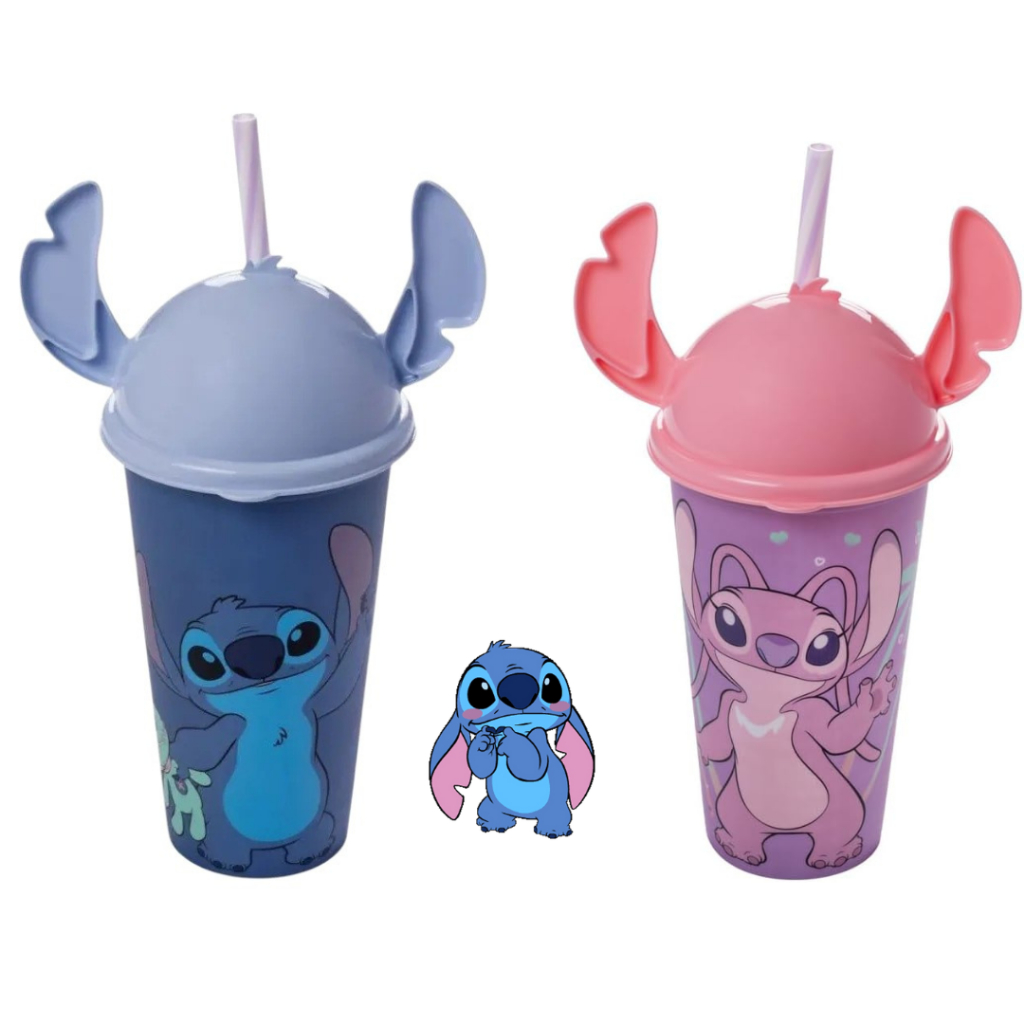 Copo com Tampa e Canudo Stitch - Angel - 500ml - Rosa e Azul - Plasútil