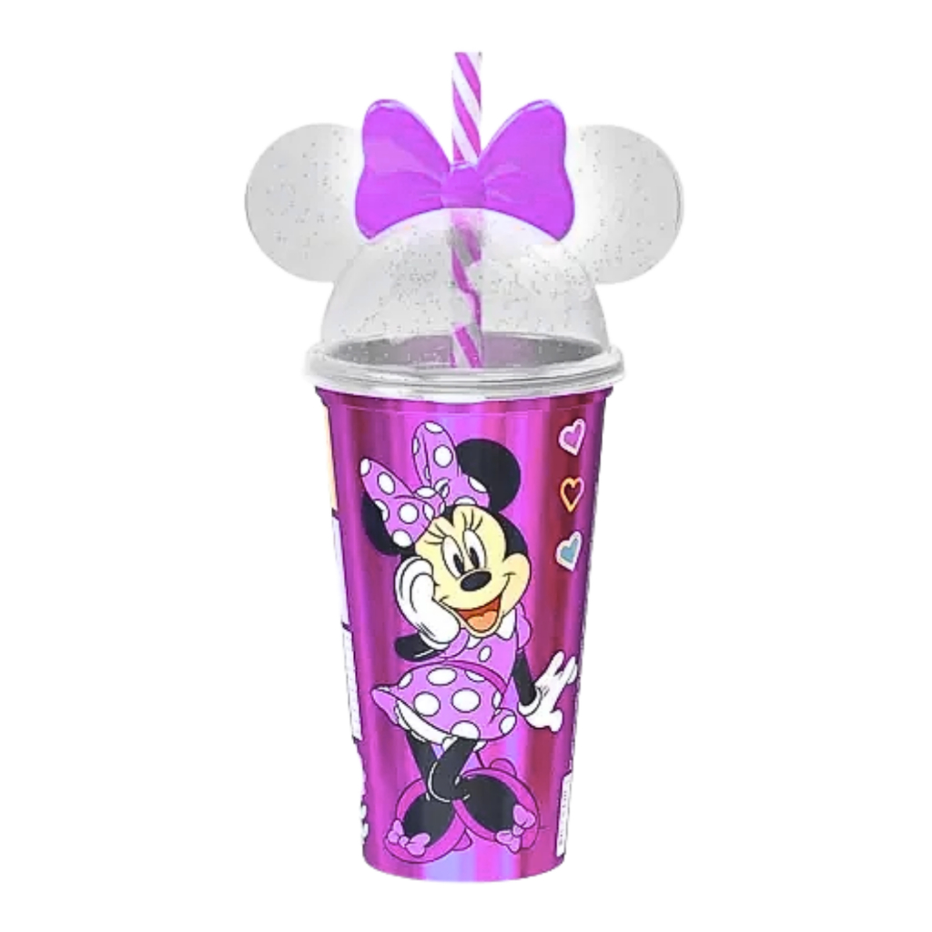 Copo Infantil Minnie Com Tampa e Canudo Orelha Minnie Mouse 500ml