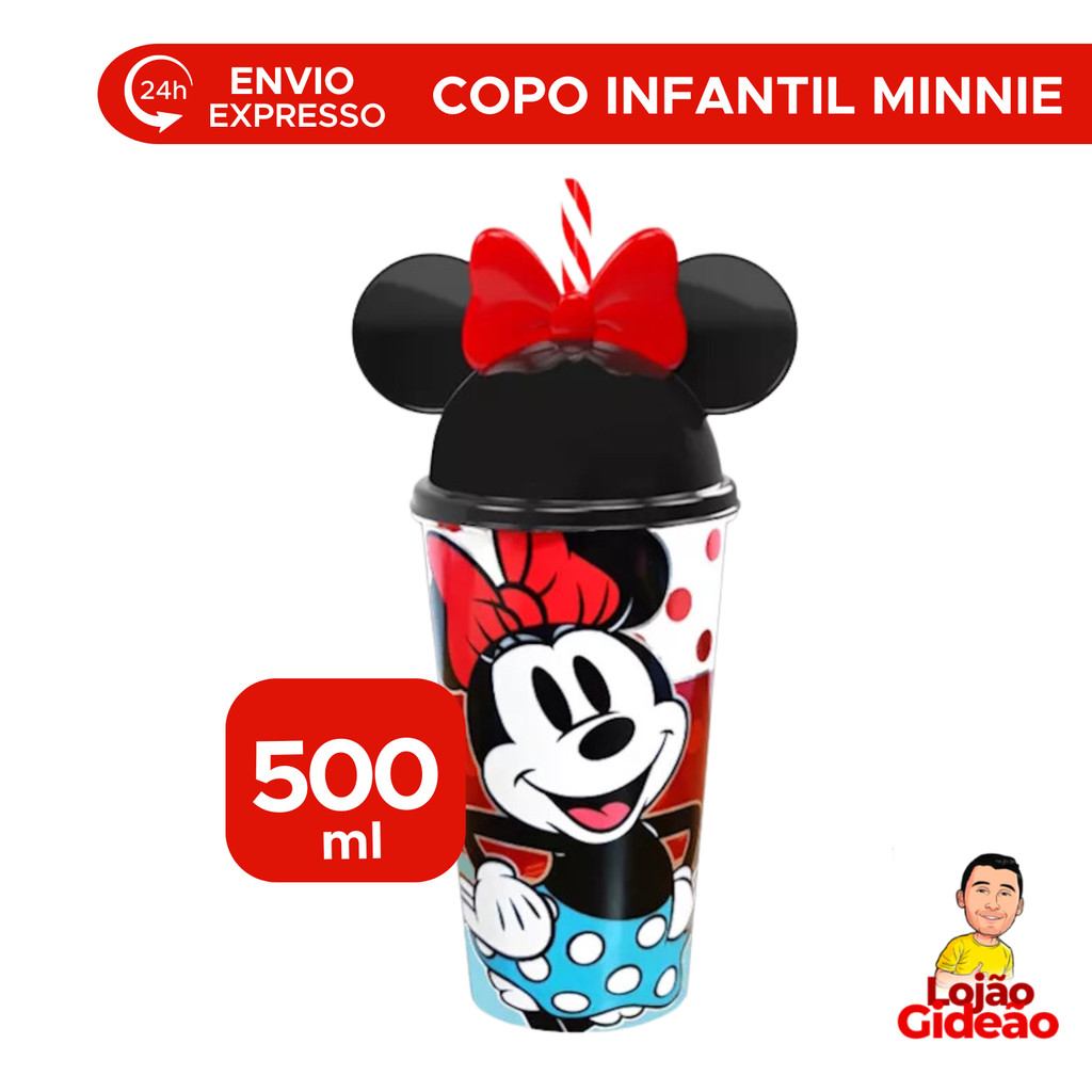 Copo Infantil Minnie Vermelho Com Tampa e Canudo Orelha Minnie Mouse 500ml