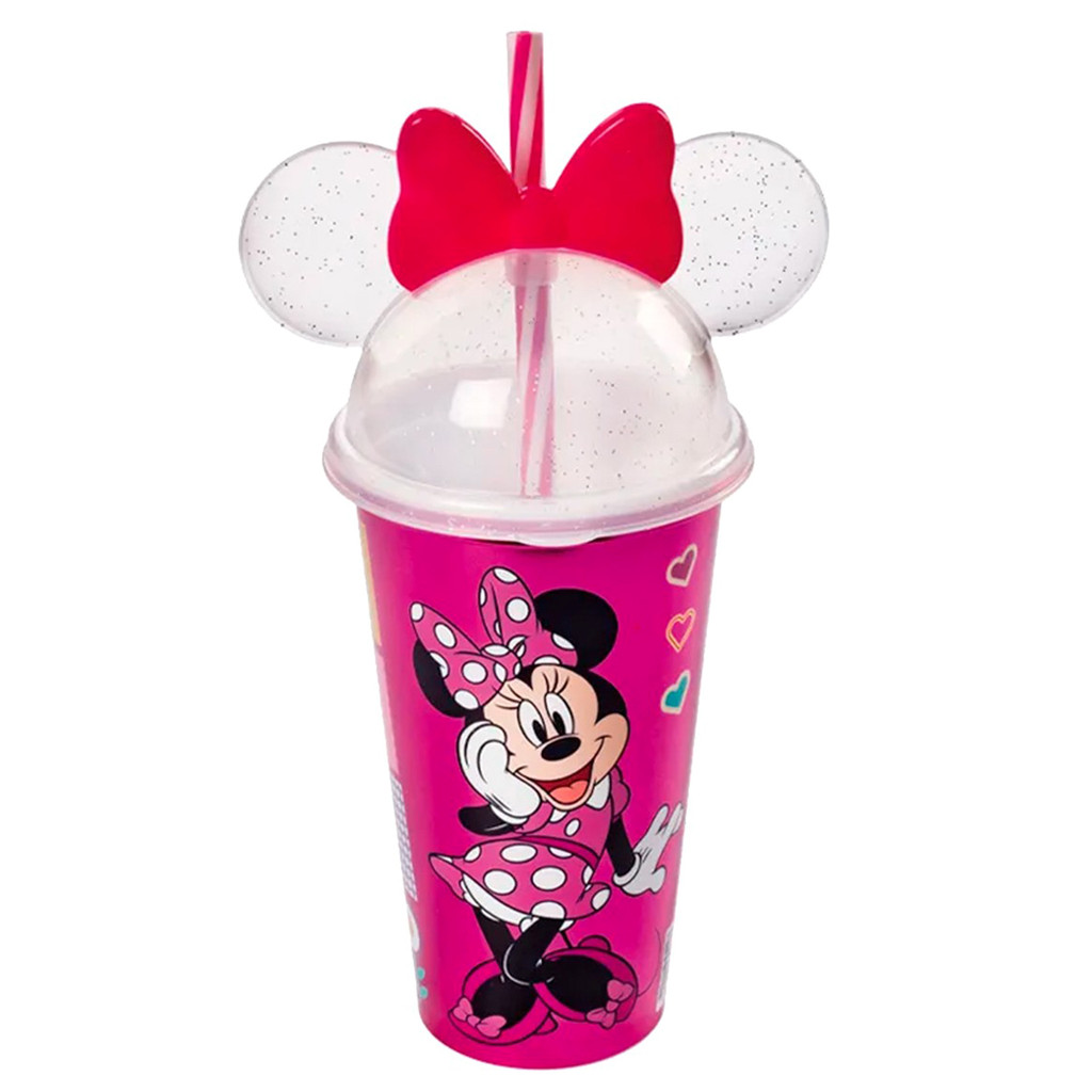 Copo Com Tampa e Canudo Minnie Mouse Personagem Disney 500ml Para Água E Sucos - Plasútil