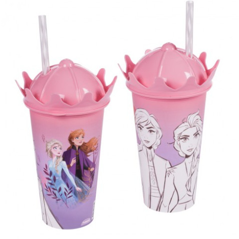 Copo de Plástico com Tampa Coroa e Canudo 500ml Frozen
