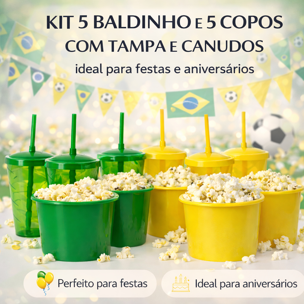 5 Kits Cineminha Balde 1,5 Litro +Copo Twister Cm Tampa e Canudo 500ml Translúcido Color