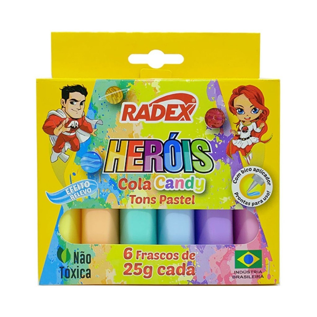 Cola Colorida Tons Pastel 6 Cores 25g Radex Candy Color Escolar Com Bico Aplicador