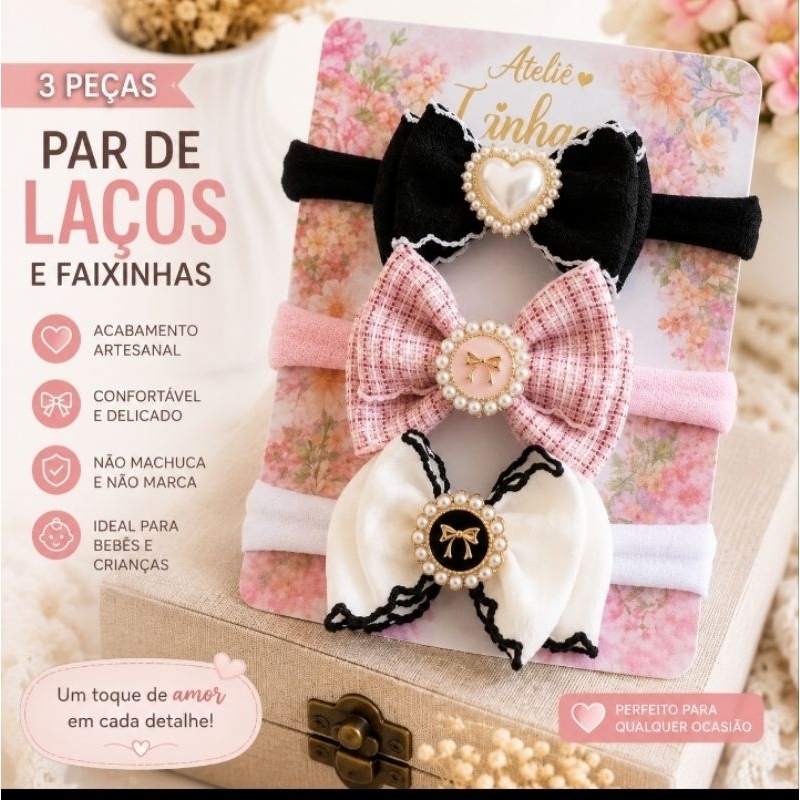 Kit Trio Laços RN Bebê – Faixinha ou Bico de Pato Infantil – Laços Delicados