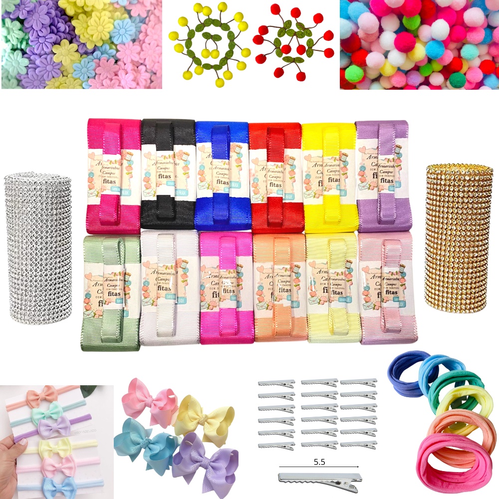 Kit Iniciante para laceiras, fitas gorgorão N9,n2 +florzinha prensada+pompom cereja +manta de strass+bico de pato+ meia de seda (candy color) pompom colorido
