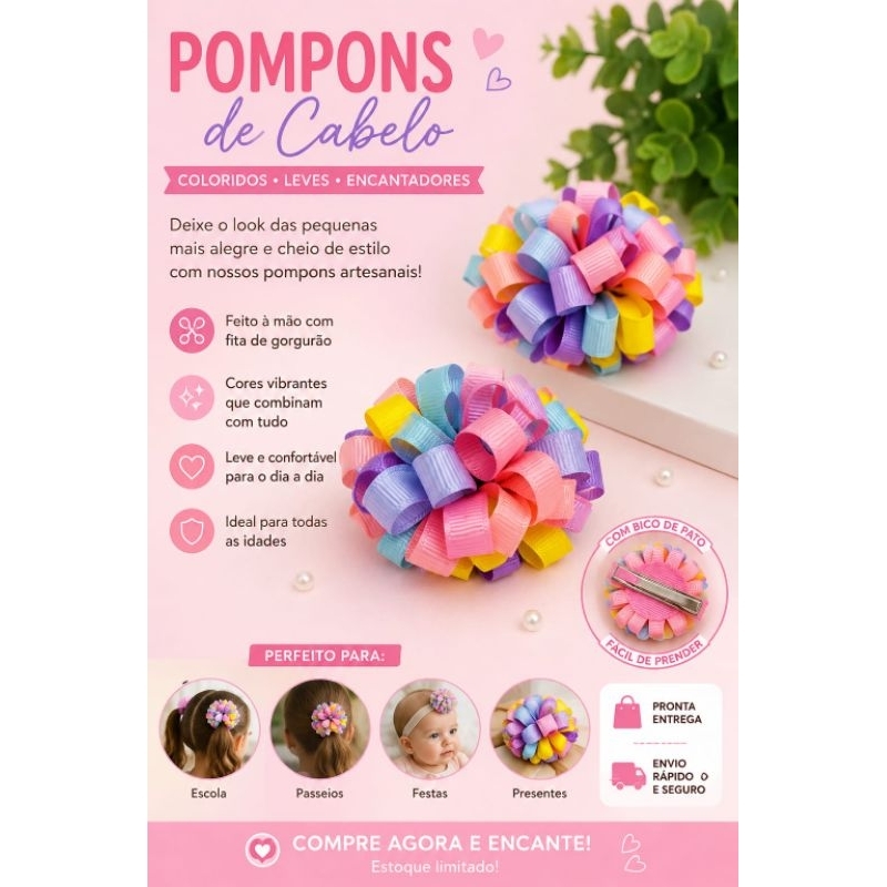 kit com 2 Pompons de Cabelo Infantil Colorido Laço Artesanal com Bico de pato candy color