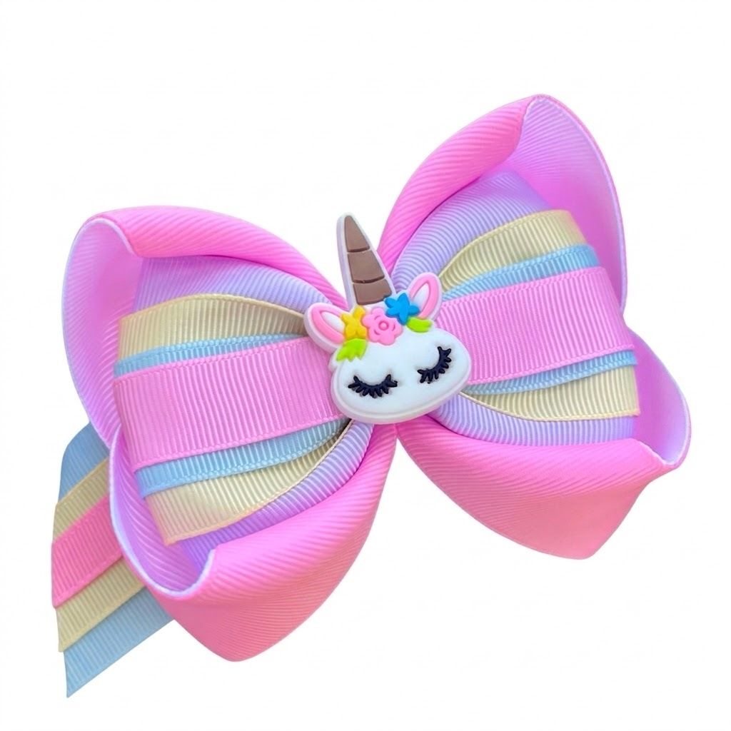 Laço Infantil Grande Unicórnio Colorido Fita Gorgurão Candy Color Menina Presilha Bico de Pato
