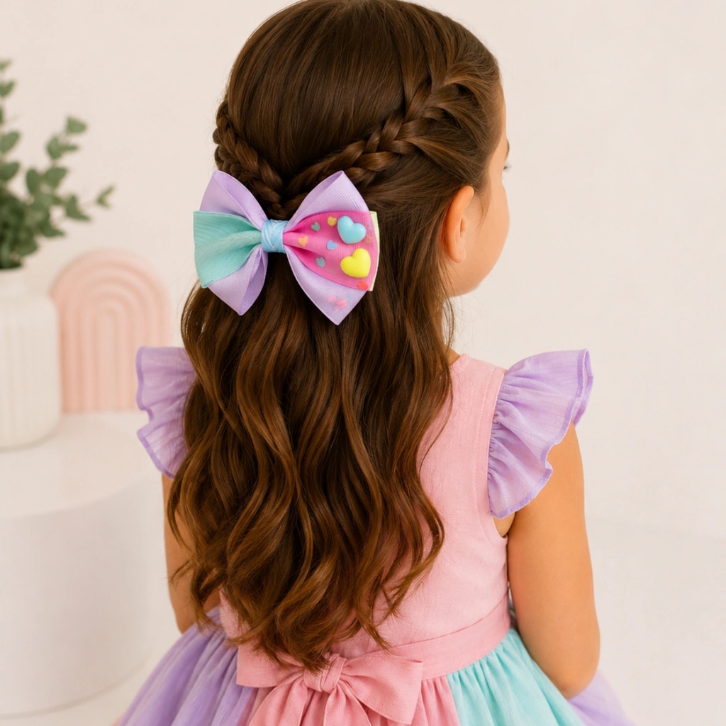Kit 5 Laços Candy Color Infantil Presilha Faixas Bico de Pato Gorgurão Menina Corações Colorido