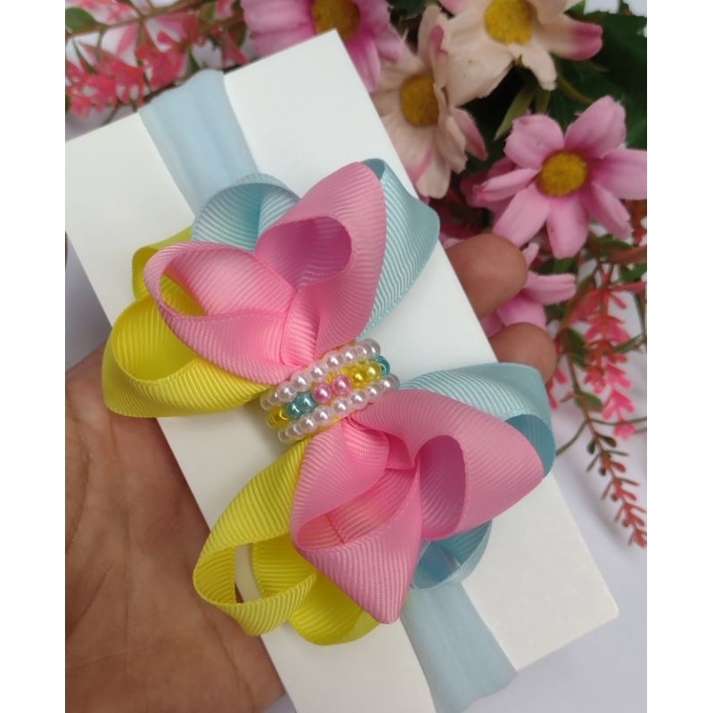 Laço infantil Boutique Colorido Candy Cores com Pérolas na Faixinha Tiara meia de seda ou Bico de pato para bebê menina