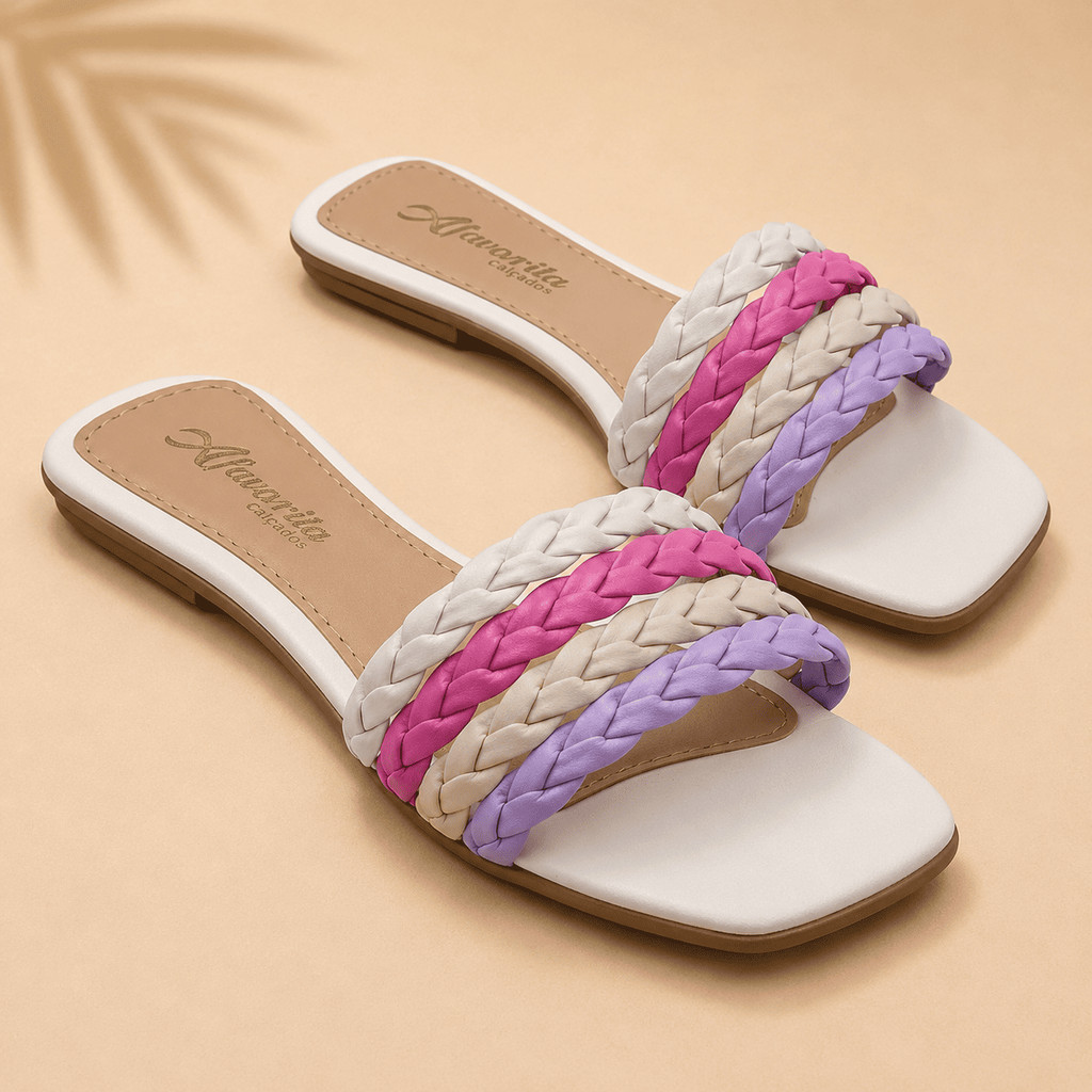 Rasteirinha Feminina Tiras Trançadas Sandália Rasteira Bico Quadrado Candy Colorida Branco