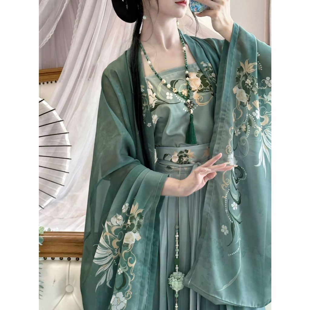 Hanfu feminino [Biyun Xiaguang] estilo verão feito na dinastia Song camisa de manga grande estampada saia plissada prima