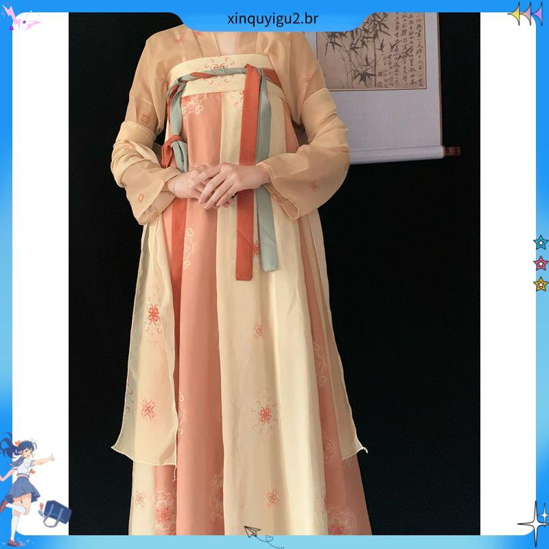 Hantang Huayun Original Hanfu feminino Fu agitando feito em Tang saia quebrada de uma peça na altura do peito impresso e