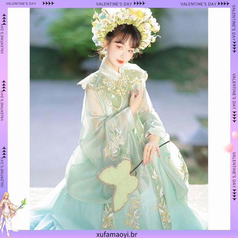 Daitang Original Hanfu Ming feito nuvem ombro gola Diagonal gola alta camisa longa comprimento da cintura saia plissada