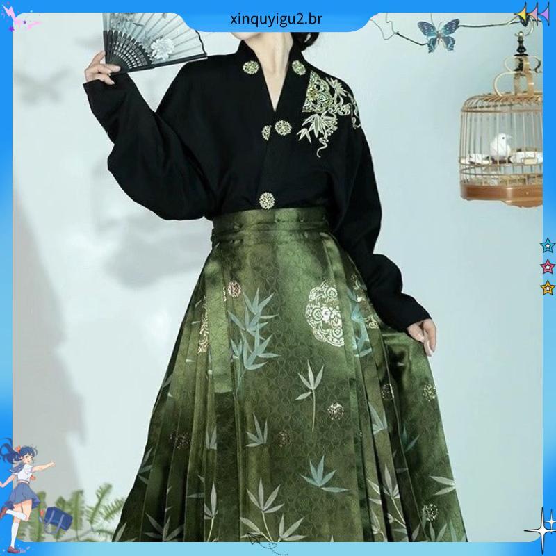 Estilo chinês novo estilo cavalo rosto saia melhorada Hanfu terno verde Ming feito camisa cavalo rosto saia novo estilo