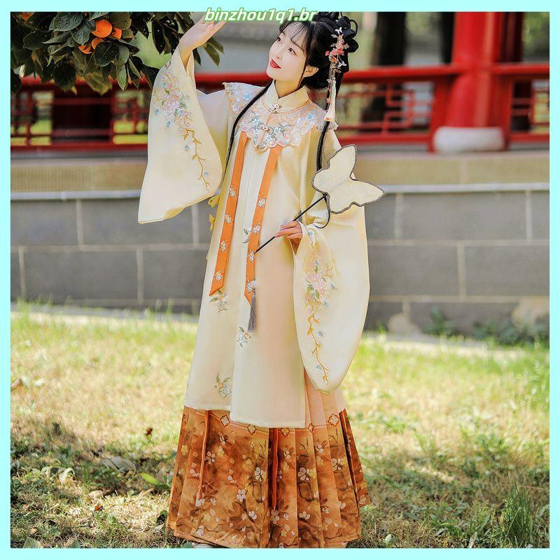 Novo estilo Hanfu feminino Ming feito gola alta indústria pesada bordado nuvem cavalo rosto saia sonho caneta flor outon