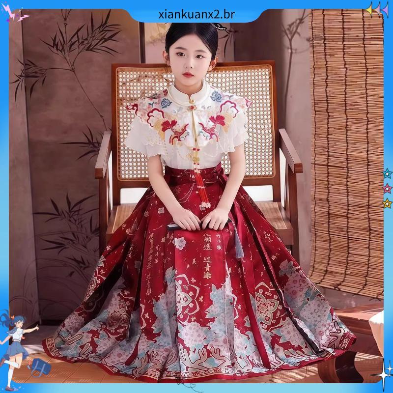 Hanfu meninas rosto de cavalo saia terno 2026 novo estilo estilo chinês Ming feito diário das crianças estilo chinês Tan