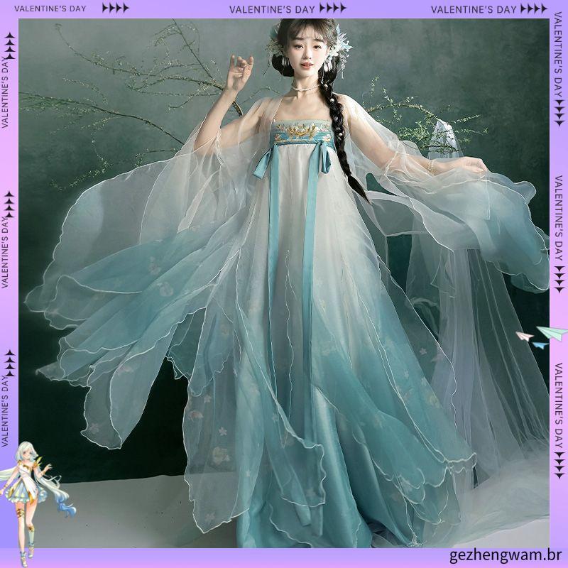 Moyuge Original Hanfu feminino hibisco feito em Tang quebrado camisa de manga grande pétala saia na altura do peito cita