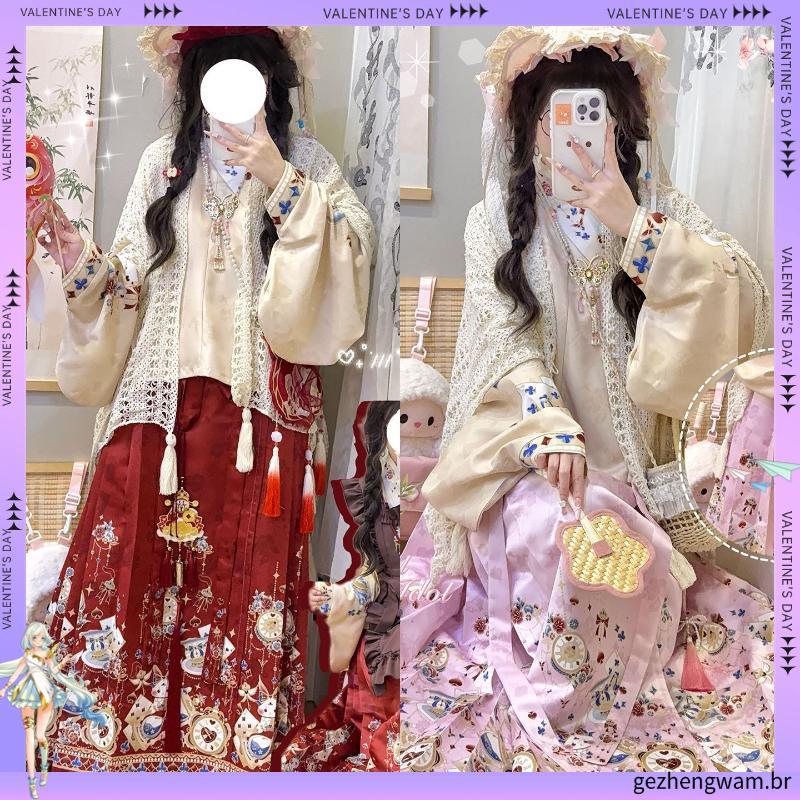 Cao Zhou Xinyue Original Hanyang Eclectic Feito na Dinastia Ming Hanfu Gola Cruzada Camisa Curta Manga Pipa Saia Rosto d