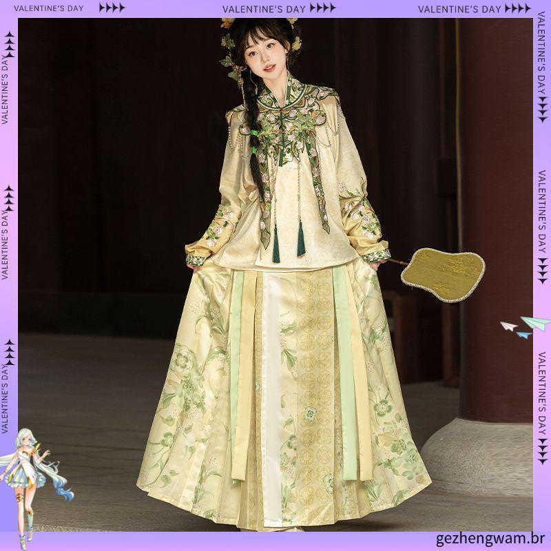 Langting de tinta bêbada [pêssego verde] Original Hanfu feminino Ming-feito camisa de gola cruzada saia de rosto de cava