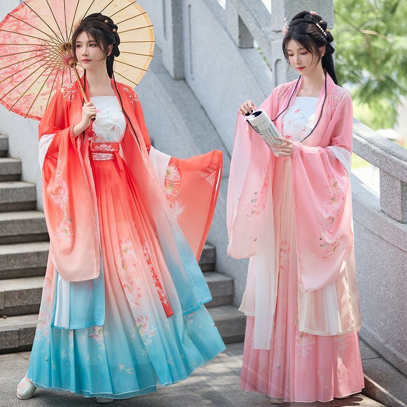 Hanfu feminino bordado Tang feito cintura comprimento gradiente saia estilo chinês vestido retrô COS foto terno