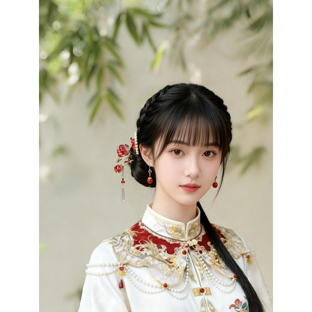 Miaoqing terno vermelho vitrificado flor hairpin cavalo rosto saia cocar com borla estilo antigo Hanfu Ming feito à mão
