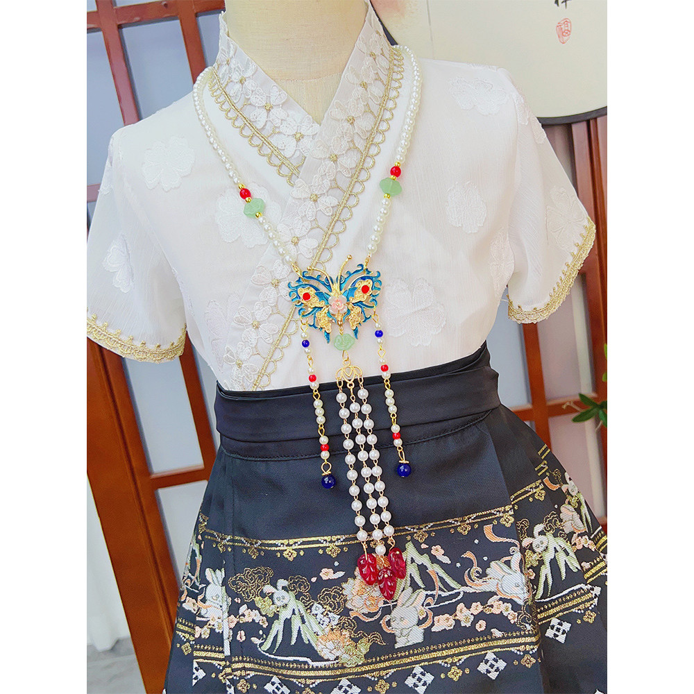 Acessórios de saia de rosto de cavalo longo yingluo franjas traseiras nuvem prensada colar Ming feito Hanfu Cheongsam es