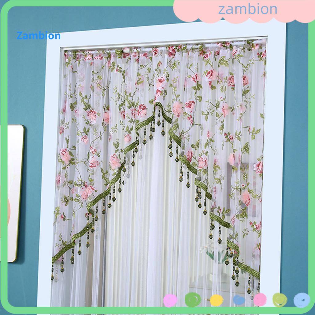 Double Layer Gauze Door Curtain Sheer Privacy for Bedroom Lace with Embroidered Floral Design and Beads Rod Pocket Room