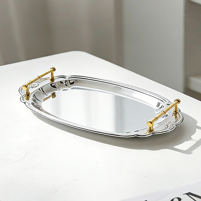 Luxurious oval tray with creative petal edges and double handles, suitable for hotel model rooms, cake and fruit plate d