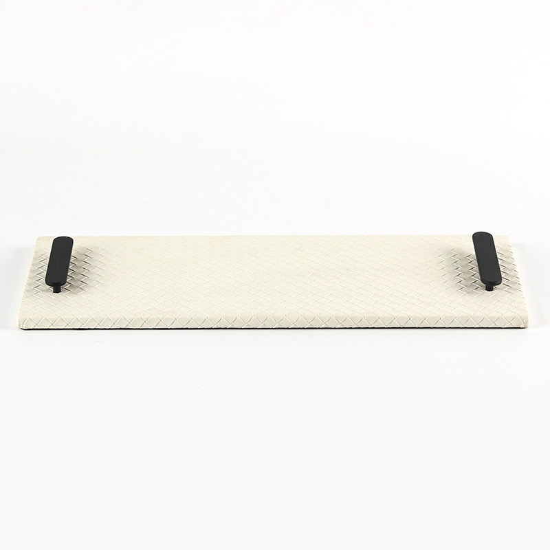 Modern light luxury rectangular woven leather tray ornament for home living room and bedroom with double handles for sto