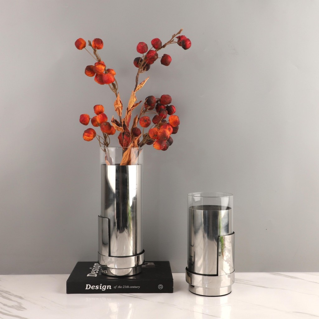 Modern high-end double-layer stainless steel glass cylindrical vase for living room, bedroom, dining room, entryway, hom