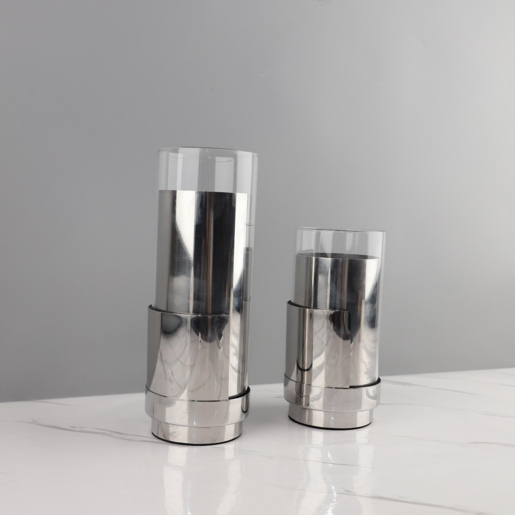 Z69A Modern high-end double-layer stainless steel glass cylindrical vase for living room, bedroom, dining room, entryway
