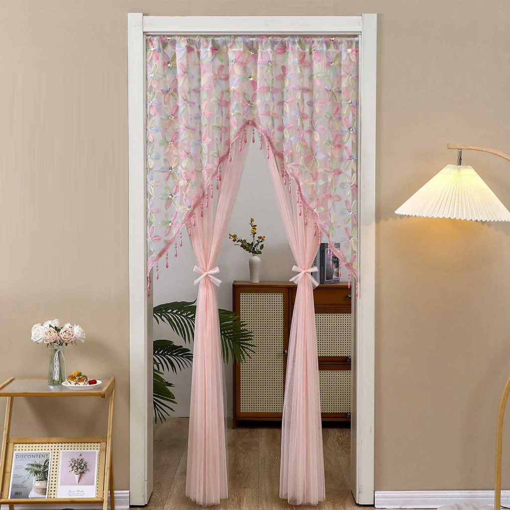 Double Layer Door Curtain Light Filtering Privacy Curtains Sheer Floral Beaded Lace Embroidered Gauze Room Divider Rod P