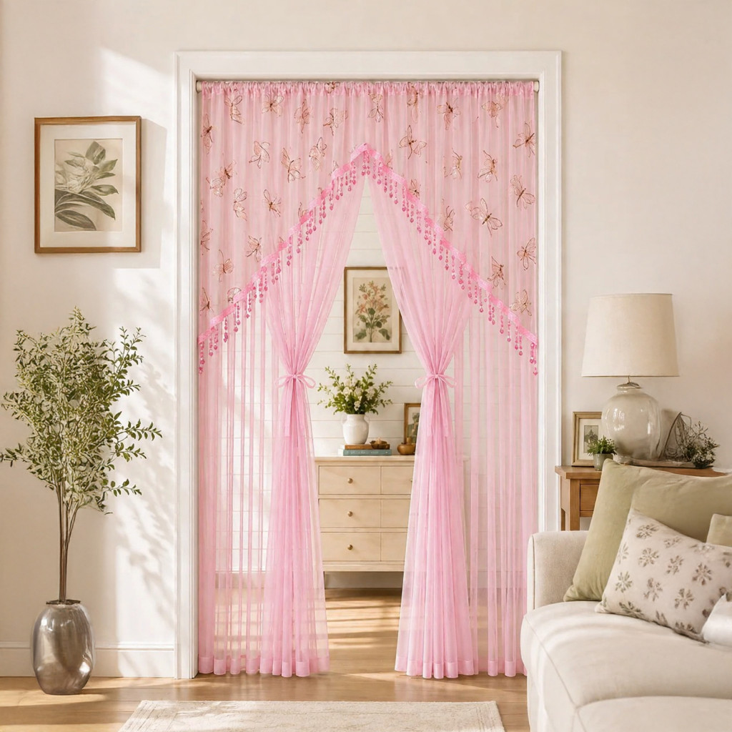 Sheer Privacy Curtain for Bedroom Double Layer Gauze Door Lace with Embroidered Floral Design and Beads Rod Pocket Room