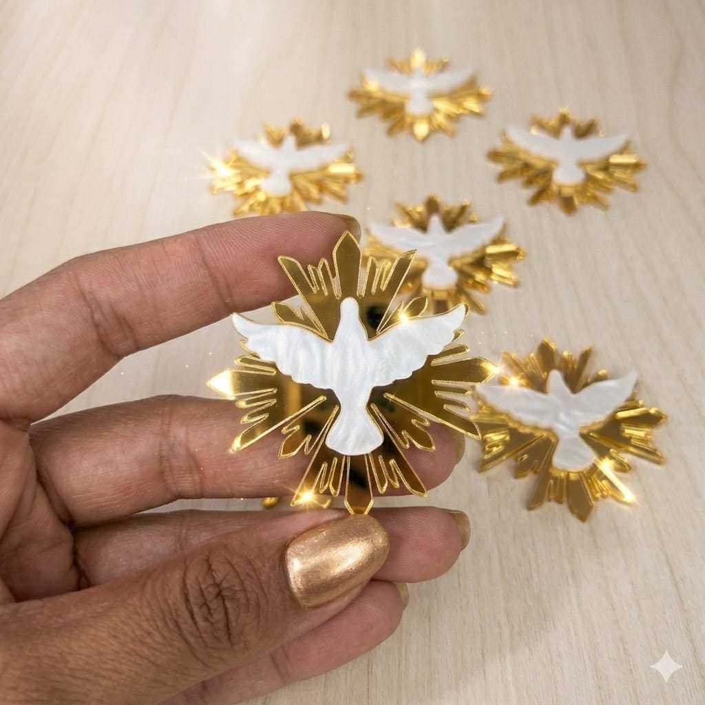 Divino Espírito Santo Apliques Acrílico Espelhado Dourado e Branco Batizado Lembrancinhas 3,5 e 5cm