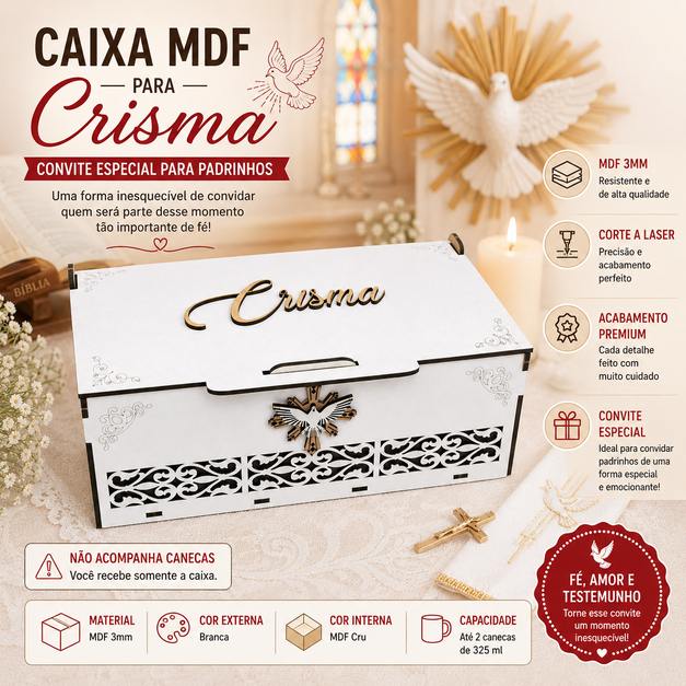Caixa Crisma MDF Branco Espírito Santo Convite Religioso Lembrança Crisma